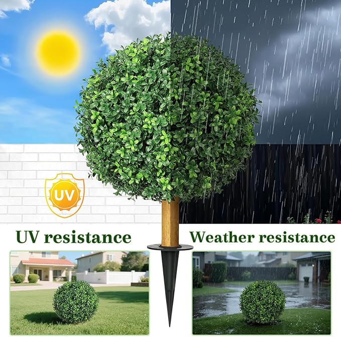 25.6'' Faux Outdoor Plants with Spike, 1PCS UV Resistant Artificial Boxwood Balls Topiary Tree Outdoor, Realistic Fake Plants Outside for Balcony Yard Garden Porch Entryway Front Door Decor