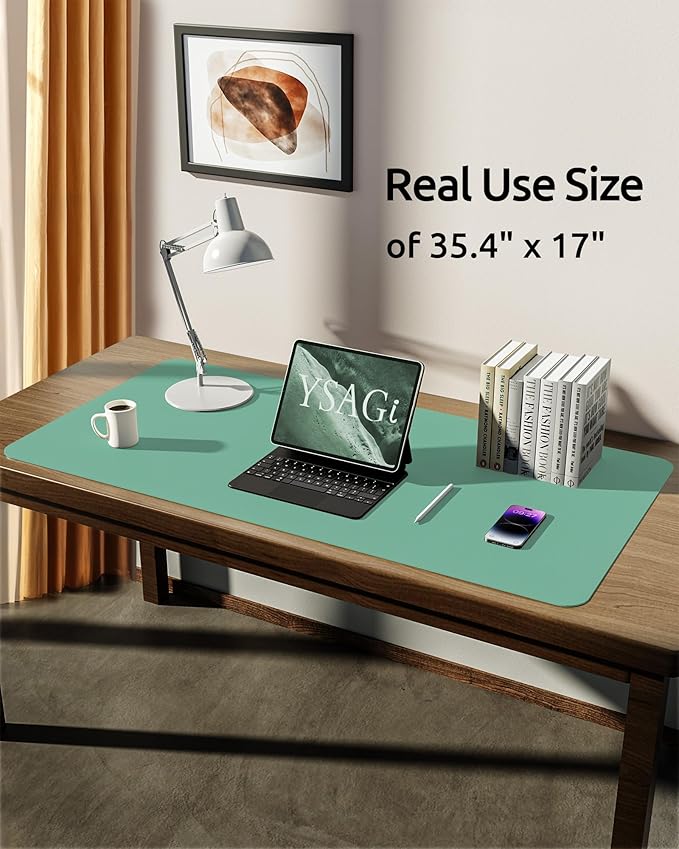 YSAGi Leather Desk Protector, Office Mat, Large Mouse Mat, Non-Slip PU Leather Blotter, Laptop Desk, Waterproof Writing Pad for Office and Home (Green-Blue, 35.4" x 17")
