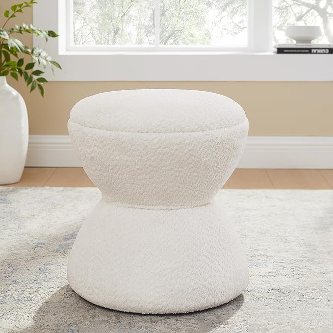 VANOMi Multi-Functional Boucle Ottoman, Vanity Stool Chair, Sturdy Wooden Footstool, Suitable for Living Room, Bedroom, and Entryway, Without Installation, White