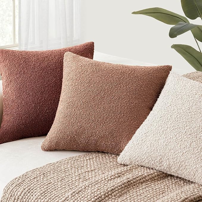 Foindtower Set of 2, Decorative Textured Boucle Throw Pillow Covers Accent Solid Pillow Cases Neutral Couch Cushion Case for Chair Sofa Bedroom Living Room Home Decor 24x24 Inch Dusty Orange Hazel