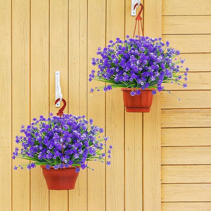 Ouddy Decor 24 Bundles Artificial Flowers for Outdoors UV Resistant Fake Plastic Plants Faux Boston Fern Greenery Stems for Spring Summer Indoor Garden Patio Window Box Kitchen Home Decor, Purple