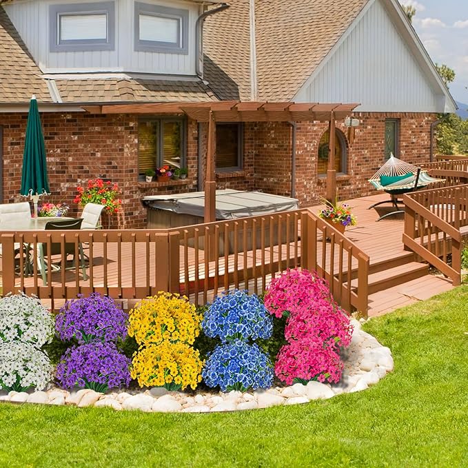 Outdoor Artificial Flowers 21 UV Resistant Bundles Fake Flower Plastic Plants Faux Silk Flowers Porch Hanging Garden Porch Window Box Decorating (Rose Red)