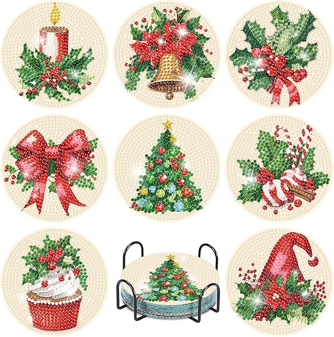 eniref 8 Pcs Christmas Diamond Art Coasters Kits with Holder, Chirstmas Bell Candy Candle Diamond Pinting Coasters Acrylic Cup Coaster with Cork Pads for Tabletop Protection 10×10 CM