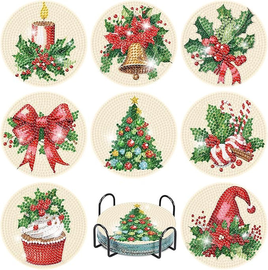 eniref 8 Pcs Christmas Diamond Art Coasters Kits with Holder, Chirstmas Bell Candy Candle Diamond Pinting Coasters Acrylic Cup Coaster with Cork Pads for Tabletop Protection 10×10 CM