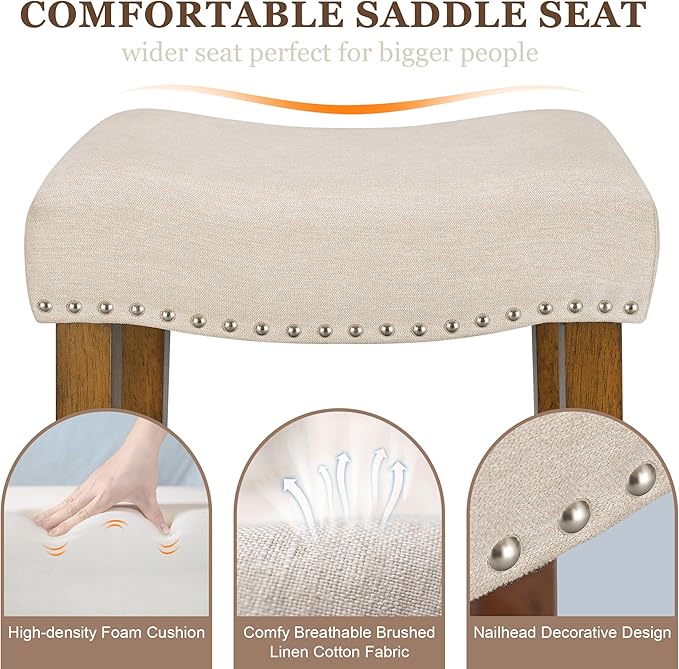 PrimeZone Counter Height Bar Stools Set of 2 - Backless Saddle Barstools with 4.3" Thick Upholstered, Nailhead Trim Linen Fabric & Solid Wood Legs, 26 Inch Counter Stools for Kitchen Island, Beige