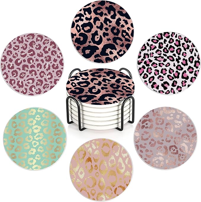 Drink Coasters Set of 6 with Holder, Leopard Print Pink Absorbent Ceramic Coasters with Cork Base,Fit All Cups,Great Gift for Housewarming,Room Decor,Bar,Holiday Party