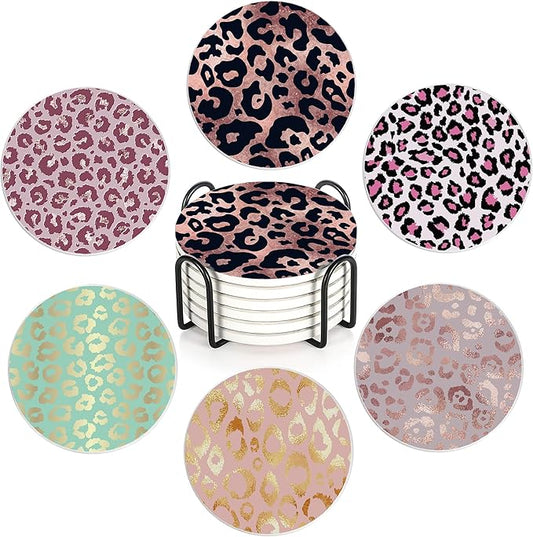 Drink Coasters Set of 6 with Holder, Leopard Print Pink Absorbent Ceramic Coasters with Cork Base,Fit All Cups,Great Gift for Housewarming,Room Decor,Bar,Holiday Party