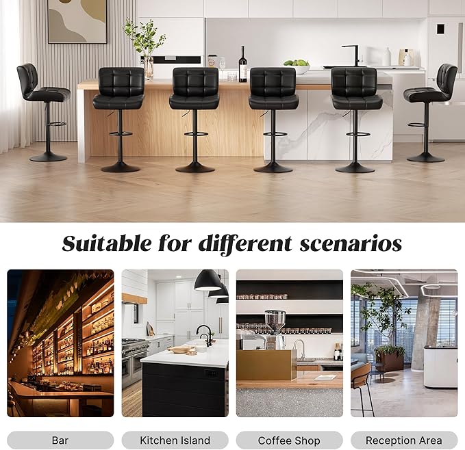 Modern Bar Stools, Faux Leather Upholstered Swivel Bar Stools, Adjustable Counter Height Bar Chairs with High Back and Footrest for Kitchen Island (Black)
