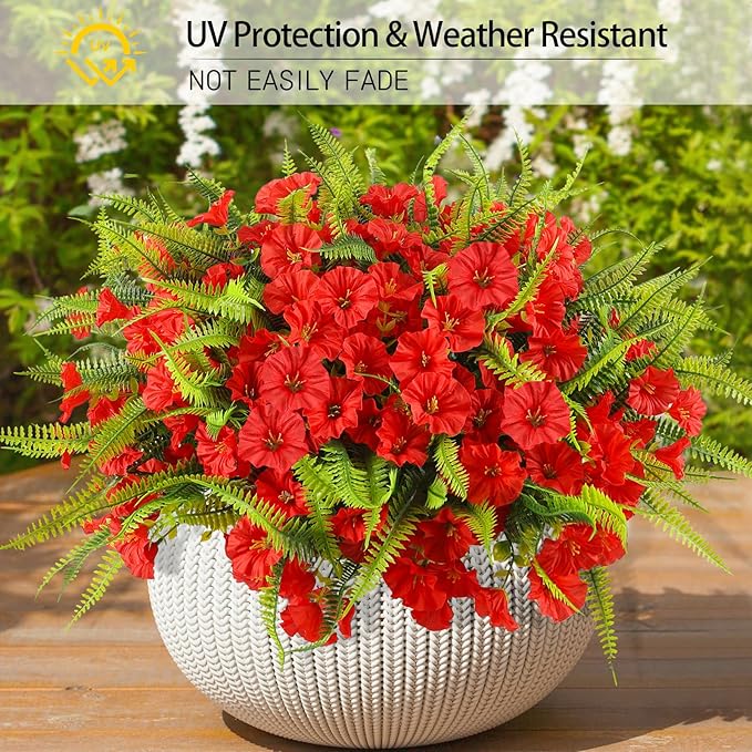 Artificial Flowers Outdoors 12 Bundles Artificial Petunias Fake Flowers UV Resistant Shrubs Plants with Fern for Indoor Outside Hanging Planters Home Garden Summer Decorations (Red)