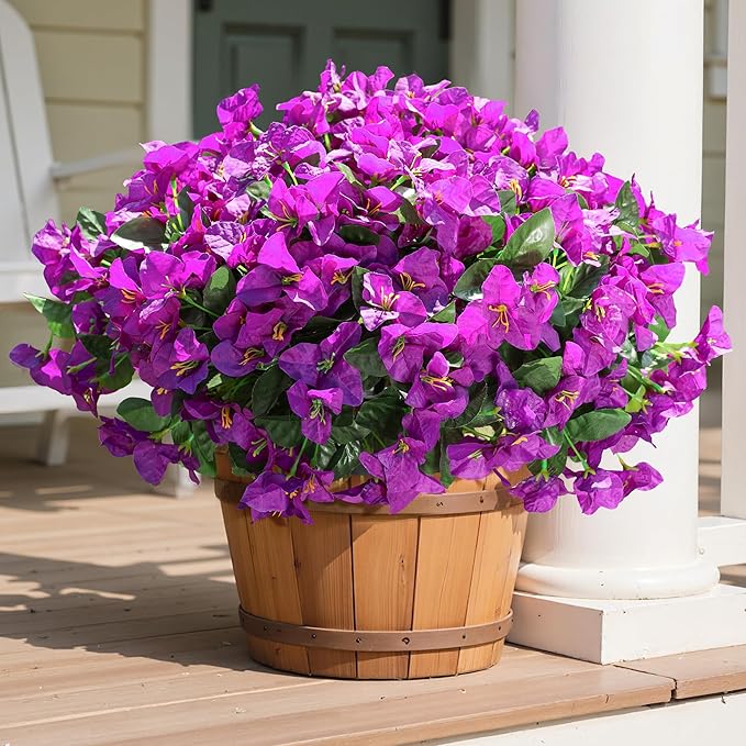 Fake Bougainvillea Artificial Flowers for Outdoors, 4 Bundles Realistic Fake Flower UV Resistant Silk Flowers for Outside, Faux Plants for Planter Patio Porch Window Garden Home Decoration (Purple)