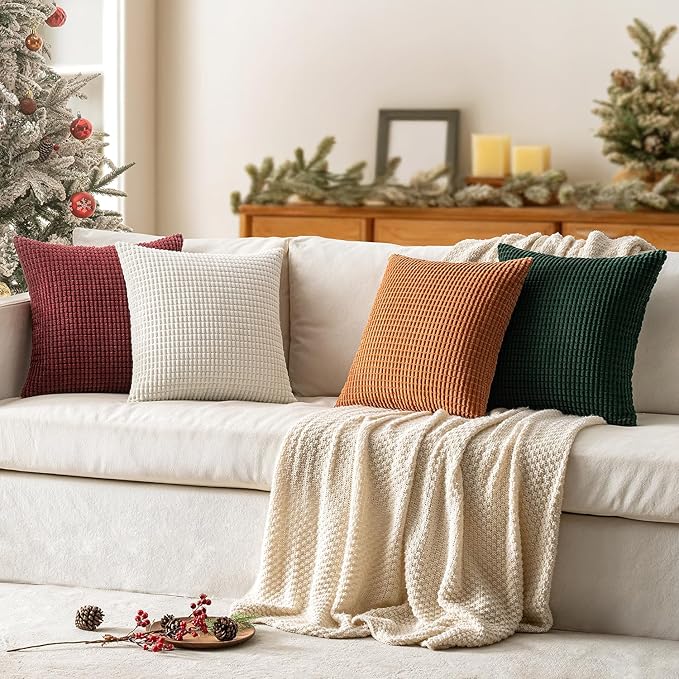 MIULEE Modern Farmhouse Decorative Pillow Covers 18x18 Inch Set of 4 Natural Rustic Throw Pillows Neutral Warm Soft Corduroy Couch Pillowcases Home Decor for Sofa Living Room Bed Christmas Red