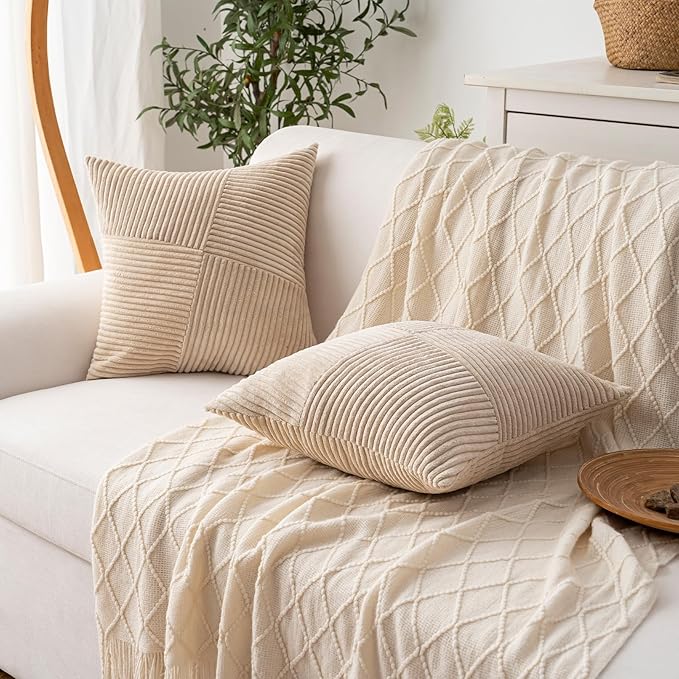 Decorative Throw Pillow Covers 16x16 Inch Set of 2 for Boho Living Room Farmhouse Home Decor, Spring Pillow Covers for Couch Bed, Soft Corduroy Striped Patchwork Cushion Cases, Tan