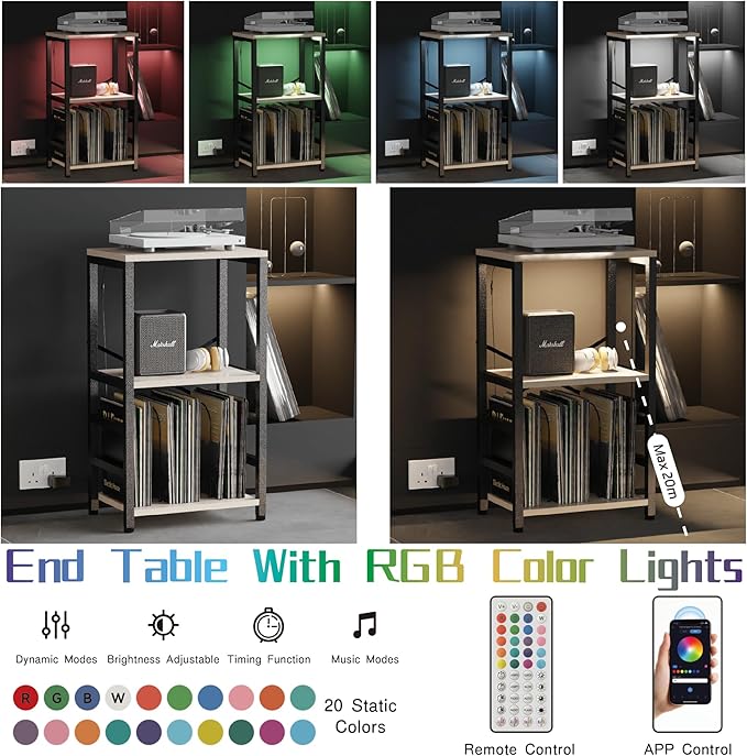 End Table with LED Light,Record Player Stand with Albums Storage,Vinyl Records Storage,Turntable Stand Side Table for Music Room Studio Living Room Bedroom-Greige