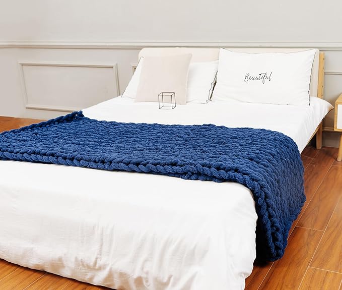 clootess Chunky Knit Blanket Chenille Throw - Warm Soft Cozy for Sofa Bed Boho Home Decor (Navy 40x60 in)