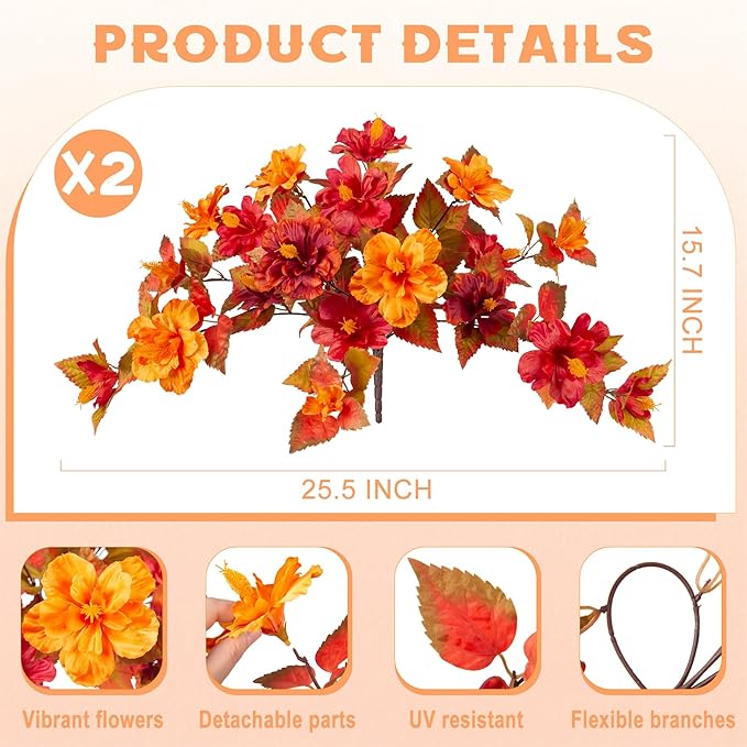 Fake Fall Flowers Artificial for Outdoors Decoration 2PCS Faux Orange Flowers for Outdoor Planters Outside Hibiscus Flower Fall Décor for Home Front Porch Yard Patio