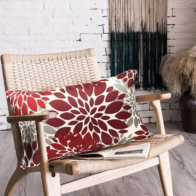 Decorative Throw Pillow Covers Set of 2 Wine Red Pillow Covers 12x20 Inch Couch Pillow Covers for Sofa Living Room Outdoor Throw Pillow Cover Linen Floral Flower Farmhouse Pillowcase