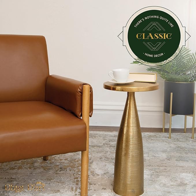 OBJET D'ART Small Round Gold End Tables, Luxor, 23'' Height, Vintage Metal Accent, Side, Pedestal, Coctail and Drink Tables for Living Room and Small Spaces