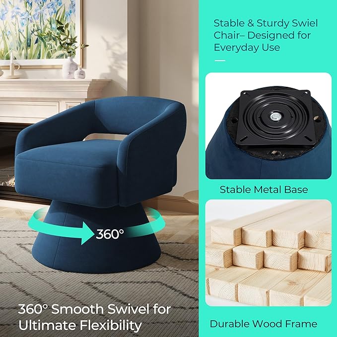 LINSY Swivel Accent Chair, Small Barrel Chair 360 Swivel Modern Armchair, Upholstered Reading Chair for Small Spaces Living Room, Vanity Chair for Bedroom, Blue