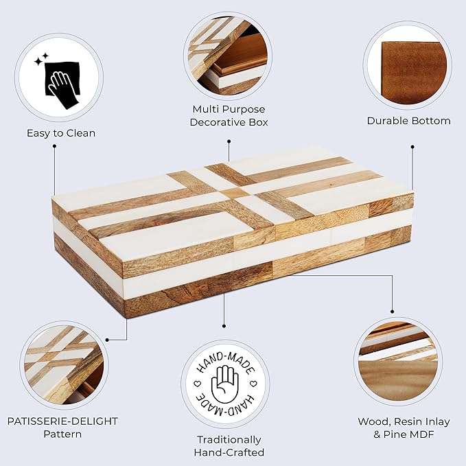 Handicrafts Home Handmade Decorative Storage Box with Lid-Jewelry Organizer, Keepsake Holder, Gift Box or Decor Accent Patisserie Delight Made with Resin Inlay & Wood cajas organizadoras-12X6X2 inch