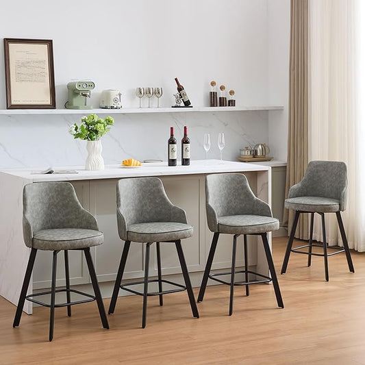 Bar Stools Set of 4, 26" Swivel Counter Height Bar stools with High Back, Faux Leather Kitchen Barstools Counter Height for Kitchen Island (Light Grey, 4PCS 26" Counter Stools)