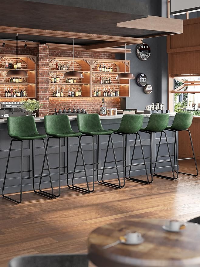Bar Stools Set of 4, 30 Inch Counter Height Barstools with Back, Modern Faux Leather Bar Stool with Metal Legs and Footrest for Kitchens Island (Green)