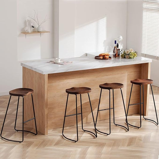 HeuGah Bar Stools Set of 4, Saddle Seat Bar Stools with Metal Legs, Rustic Backless Counter Height Stools, Industrial Counter Stools (Walnut, 30 Inch)