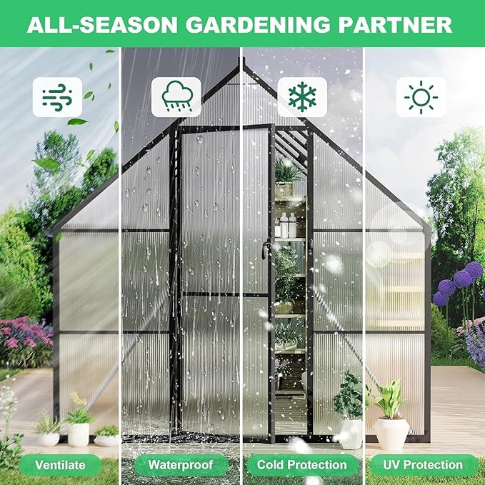 8x14 FT Outdoor Walk in Greenhouse,Polycarbonate Green House Vented Roof Window,Heavy Duty Greenhouse with Aluminum Frame for Backyard Patio Gardening
