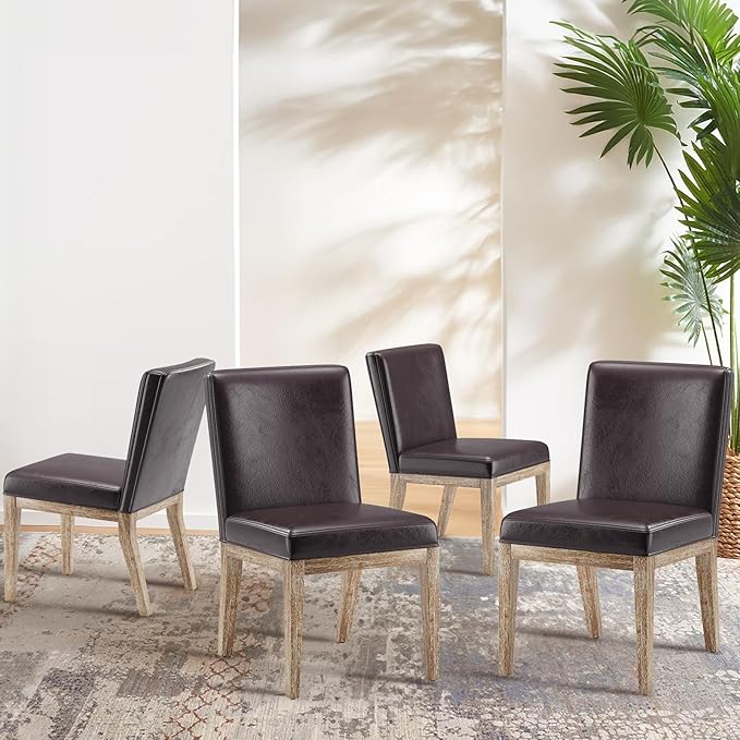 Wooden Dining Chairs Set of 4, Modern Leather Upholstered Dining Room Chair, Kitchen Side Chairs, Farmhouse Dinner Chair with High Back for Kitchen, Brown