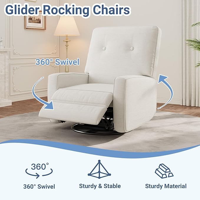 Oversized Recliner Chairs, Swivel Rocker Recline, Glider Recliner Nursery Chair, Recliner Chair for Adults, 360°Swivel Glider Rocking Chair for Living Room, Bedroom, Office, RV, Linen, White