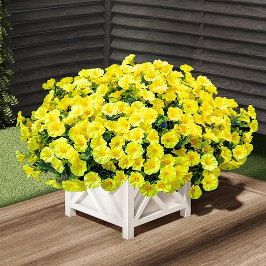 Artificial Outdoor Flowers 16 Bundles Fake Morning Glory Flower Outdoor UV Resistant Plastic Faux Flowers Plants for Decoration Indoor Outdoor Hanging Window Box Planter Home Porch Decor (Yellow)