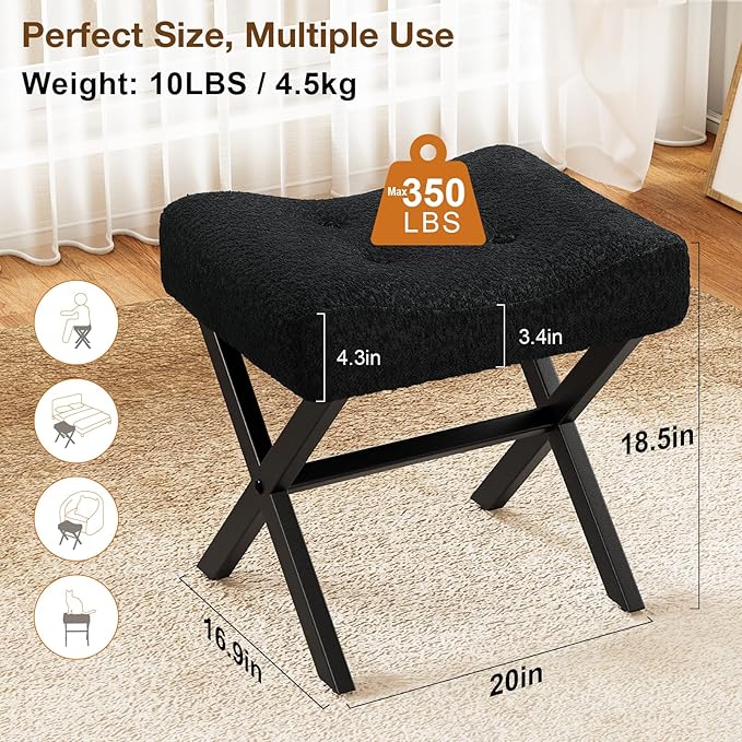 18-Inch Large Vanity Stool Chair, Vanity Bench with Metal X-Legs, Ottoman Accent Stool with Breathable and Soft Boucle Fabric Saddle Seat, Black