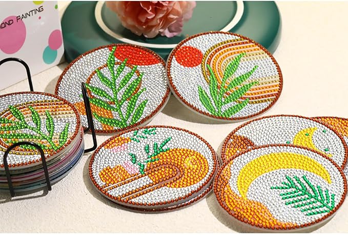 8 PCS Boho Diamond Art Coasters Kits, Diamond Painting Coasters with Holder Set of 8, DIY Drink Coasters Art Crafts Supplies for Adults Cup Mat for Home Decor House Warming Gifts Non-Slip 3.9inch