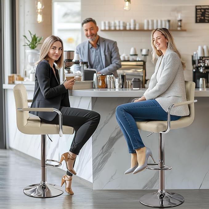 Yaheetech Bar Stools Set of 4, PU Leather Adjustable Swivel Barstools, Hydraulic Kitchen Counter Height Chairs with Armrest and Back for Kitchen, Dining Room, Khaki