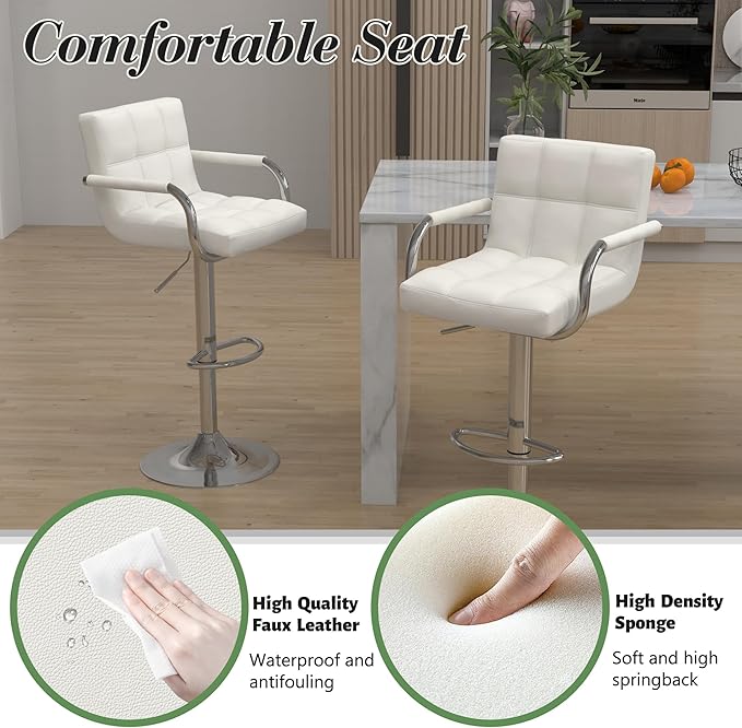 Modern PU Leather Bar Stools Set of 4, Adjustable Swivel Square Bar Chairs, Counter Height Barstools with Arms and Large Base for Island/Kitchen(White)