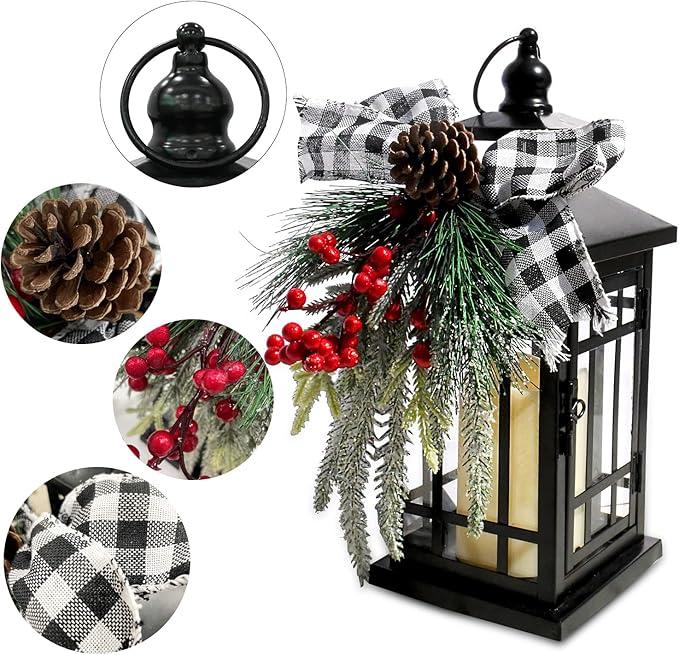 Christmas Decorative Lantern w/LED Flickering Flameless Candle - 14 Inch, Antiqued Vintage Lantern with Xmas Ornament for Outside Indoor Table Holiday Party Decorations