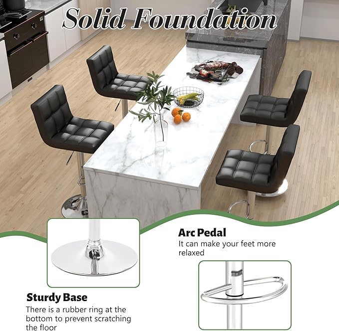 Modern PU Leather Bar Stools Set of 4, Adjustable Swivel Square Bar Chairs, Armless Counter Height Barstools with Back and Large Base for Island/Kitchen(Black)