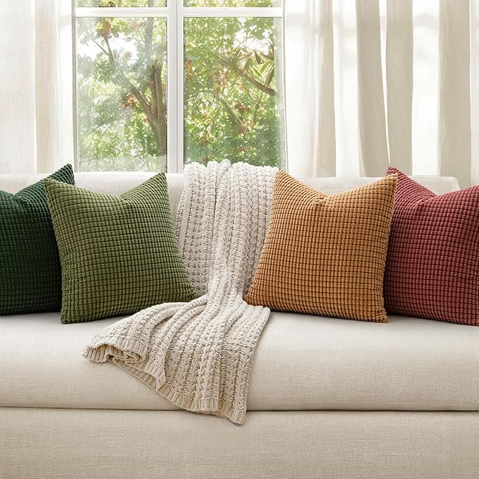 MIULEE Modern Farmhouse Decorative Pillow Covers 18x18 Inch Set of 4 Natural Rustic Throw Pillows Neutral Warm Soft Corduroy Couch Pillowcases Home Decor for Sofa Living Room Bed Christmas Green