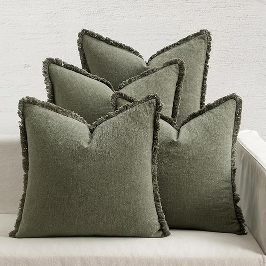 MIULEE Decorative Couch Pillow Covers Neutral Linen Fringe Throw Pillows Set of 4 Boho Farmhouse Cushions Soft Accent Pillowcases for Bed Couch Sofa Living Room Home Decor 18x18 Inch Olive Green