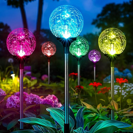 Gigalumi Solar Garden Lights 6 Pack, Solar Globe Lights Outdoor Waterproof, Solar Lights Outdoor Decorative for Yard, Multi-Colored Changing Garden Globes Cracked Glass Ball with LED Lights