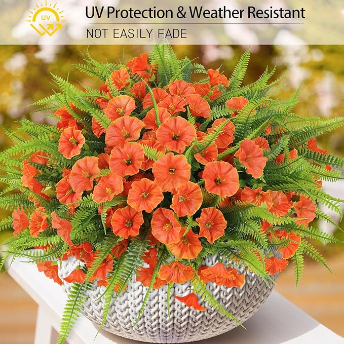 Artificial Fall Flowers for Outdoors 12 Bundles Fake Mums Petunias Flowers UV Resistant Shrubs Plants with Fern for Indoor Outside Hanging Planters Home Garden Autumn Thanksgiving Decorations