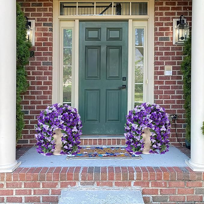 2 pcs Artificial Faux Bougainvillea Flowers Plants for Outdoor Outside Summer Decoration, Fake Silk UV Resistant Long Trailing Vines for Front Door Porch Planter Balcony (Purple Dark Purple)