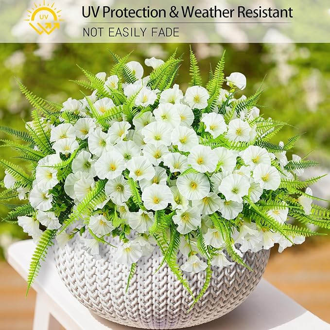 Artificial Flowers Outdoors 12 Bundles White Artificial Petunias Fake Flowers UV Resistant Shrubs Plants with Fern for Indoor Outside Hanging Planters Home Garden Summer Decorations