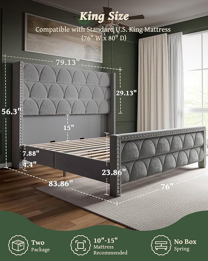 King Size Bed Frame with 56" Headboard - 1000LBS Capacity Support, Velvet Upholstered Wingback Platform Bed Frame, Noise Free, Sturdy Wooden Slat Support