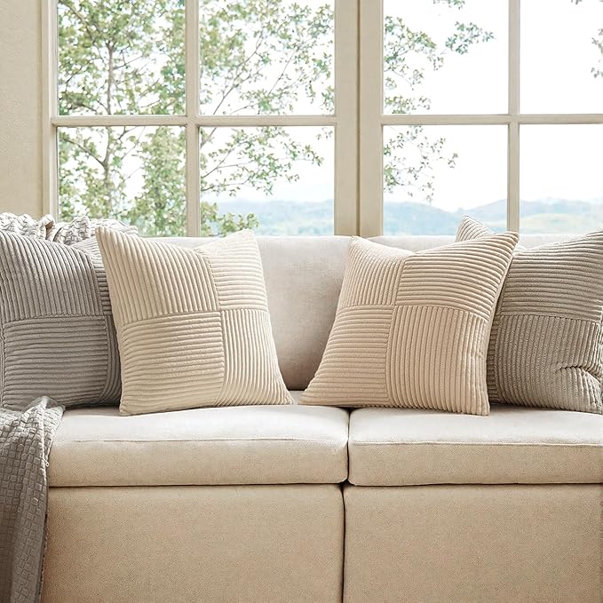 MIULEE Neutral Decorative Throw Pillow Covers 16x16 Inch Set of 4 for Livingroom Couch Sofa Modern Farmhouse Soft Corduroy Cushion Cases Striped Patchwork Home Decor (Cream,Grey)