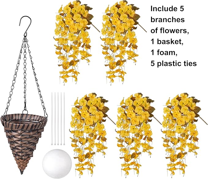 Artificial Fake Fall Hanging Flowers Plants Baskets for Outdoor Decoration, 5Pcs Faux Silk Hibiscus Long Vines in Planter UV Resistant Realistic Flower for Outside Home Porch Patio Garden, Fall Yellow