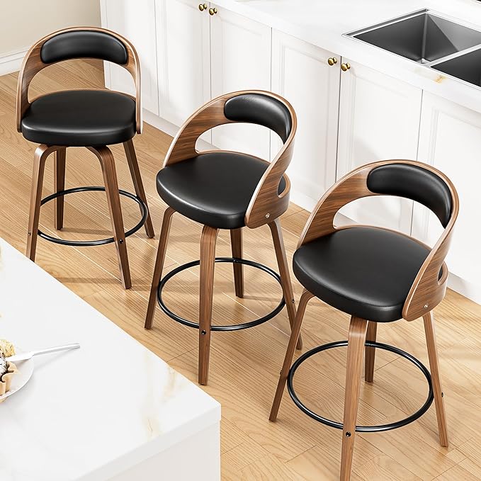 Swivel Bar Stools, 26" Upholstered Counter Height Bar Stools with Bentwood Legs and Low Back, Mid Century Modern Faux Leather Bar Chairs for Kitchen Island, Dining Room, Black