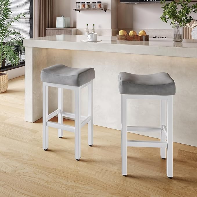 29 Inch Bar Height Bar Stools Set of 2, 29" Barstools for Kitchen Island Counter, Backless Bonded Leather Bar Height Stools with Thick Saddle Seats & Heavy Duty Metal Base, Easy Assembly, Gray/White
