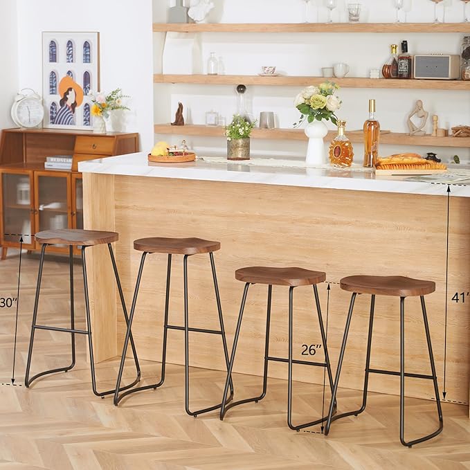 HeuGah Bar Stools Set of 4, Saddle Seat Wooden Barstools for Kitchen Island, 30" Brown Bar Height Stools with Footrest (Brown, 4 PCS 30Inch Barstool)