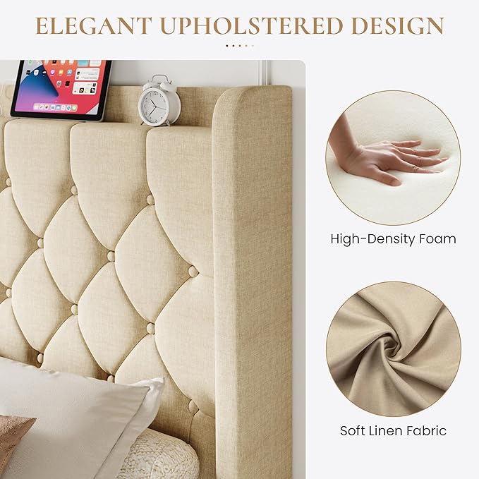 SHA CERLIN Queen Size Platform Bed Frame with Charging Station, Velvet Wingback Headboard with Storage Shelf, Wooden Slats Support, Ample Under-Bed Space, No Box Spring Needed, Easy Assembly, Beige