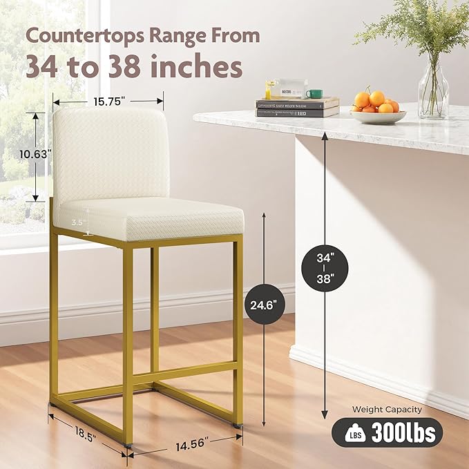 ALPHA HOME 24 Inch Bar Stools Set of 6, Kitchen Counter Stools with Backs, PU Leather Barstools, White Bar Stools with Upholstered Footrest, Sturdy Chromed Metal Steel Frame, Off-White